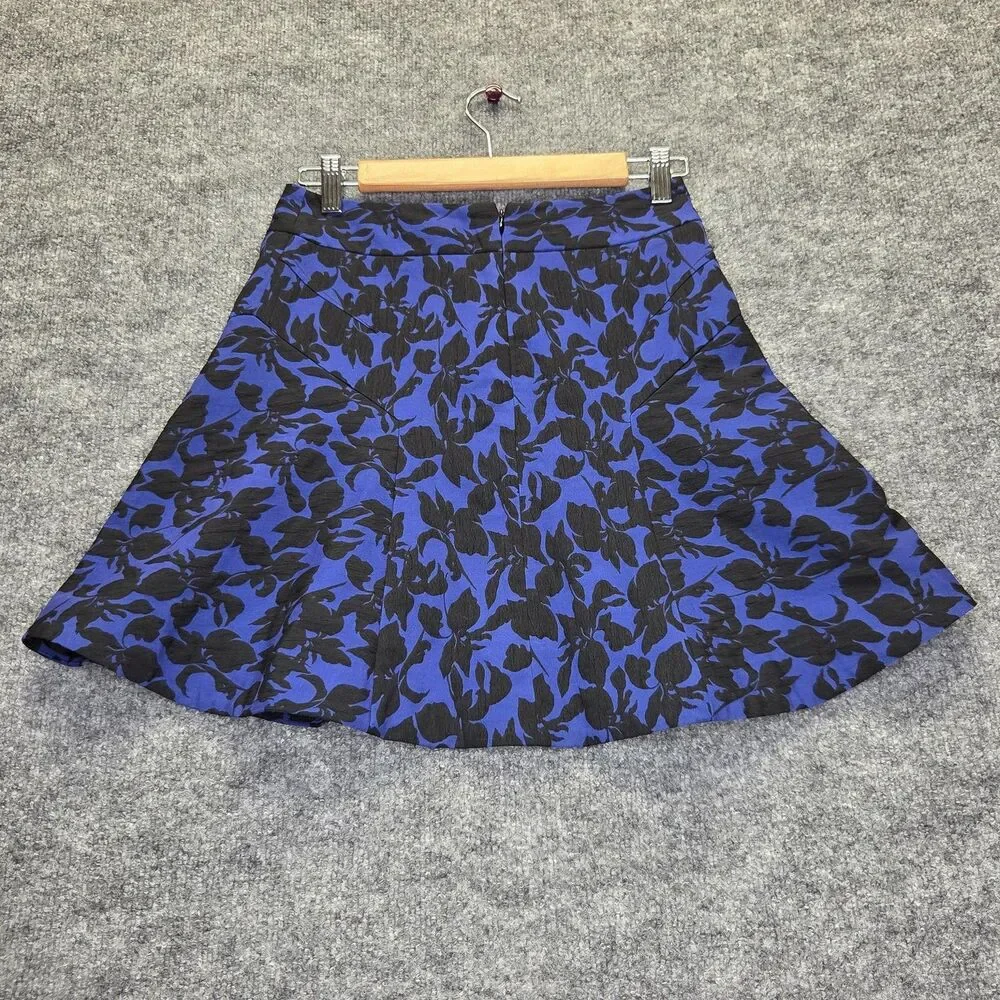 Express Skirt Womens 2 Blue Black Floral A-Line Short Mini Lined Jacquard Zip